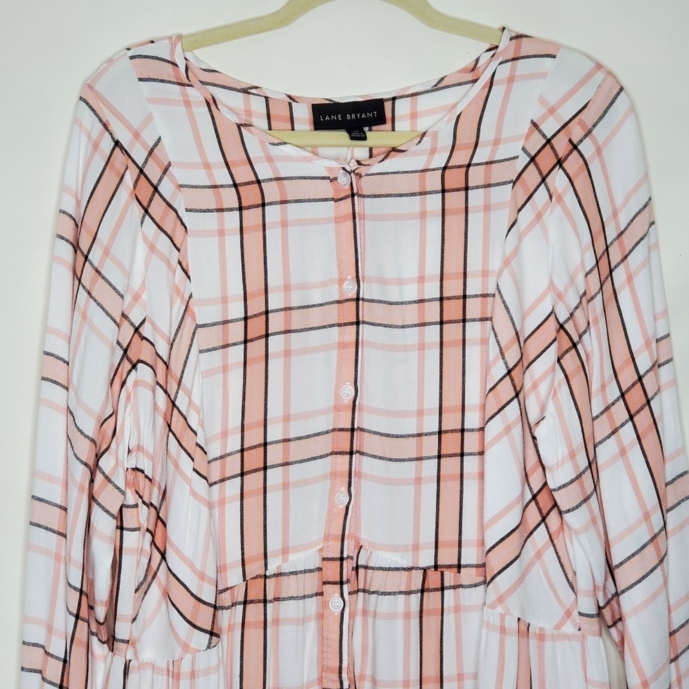 Lane Bryant Plaid‎ Babydoll Top Size 16 Button Front No-Peek Long Sleeve Rayon - Picture 4 of 12